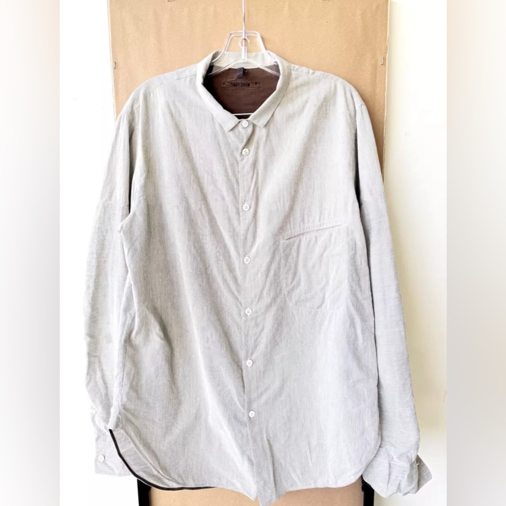 ZIGGY CHEN MEN'S SHIRT, Striped White Grey, Band Collar Size 52 Large